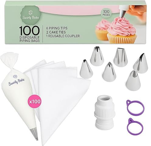 HiFEN® Kit di tubazioni per decorare torte, 100 sac à poche usa e getta, 6 punte, 1 accoppiatore riutilizzabile e 2 fascette per decorazione di cupcake, dessert e biscotti
