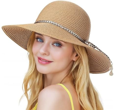 BelleVive Beach Sun Hats for Women, Straw Hat for Ladies, UPF 50+ UV Protection Women's Sun Hat, Summer Hats, Packable and Foldable, Sun Hat for Ladies, Wide Brim Hat, Khaki