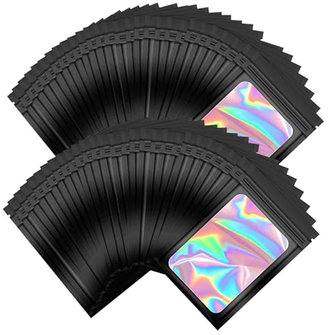 200 stycken svarta Mylar Holographic Bags: WIYETY återförslutningsbara luktsäkra påsar livsmedel förvaring med genomskinligt fönster för mat, te, läppglans, smycken