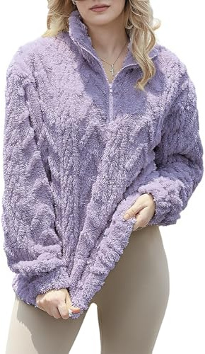 NEWISTAR Pull Polaire Teddy Sweat Femme Décontracté Coupe Ample avec Col Montant Demi-Zip Veste Femme Mode Hauts Hiver Chaud Douce Veste en Peluche Violet XL