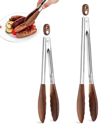 2pcs Wooden Tongs, Kitchen Tongs for Cooking Salad Tong with Walnut Multifunctional Wooden Tips Serving Tong for BBQ Toaster Bread Pickles 9 Inch & 12 Inch