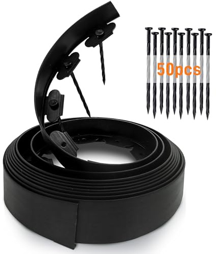 CHEOAR Bordure de Jardin 10m, Bordure de Pelouse Flexible avec 50 Piquets, Hauteur 10 cm, Bordure Jardin Plastique pour Délimitation Parterre, Allée Jardin et Arbres, Noir