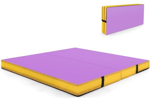 COSTWAY Gymnastikmatta vikbar, 122 x 122 x 10 cm mjuk golvmatta, gymnastikmatta vikbar och bärbar, fyrkantig sportmatta av PU-överdrag med bärhandtag, yogamatta inomhus för barn, vuxna (lila)
