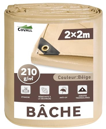 COVALL Bâche de Protection Extérieure 2x2m 210g/m² Beige - Bâche Imperméable avec Oeillets Renforcés, Anti-UV, Résistante aux Intempéries et au Gel pour Usage Extérieur Polyvalent