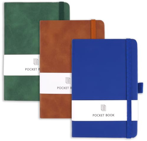 3 Stück Notizbuch A6 Leder für Schule Arbeit Reisen (Braun, Grün, Blau) | 9,5x14,5cm Kleines Notizbuch mit Gummizugverschluss Journal und Stifthalter, 80 g/m² Mini Taschen Notizblockmit 200 Seiten