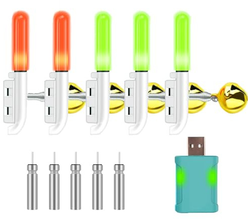 JCSJK 5 pièces de lampes LED de poche pour la pêche, indicateurs de touche à l'extrémité de la canne étanches avec alarme, cloche et boucle pour canne à pêche, accessoire de pêche pour Thanksgiving
