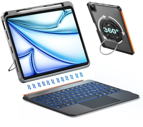 Funda para iPad A16 de 11/10ª generación con teclado, Air de 11 pulgadas (M3 M2 2025 2024), teclado magnético retroiluminado desmontable, trackpad, soporte giratorio de 360 grados, soporte para