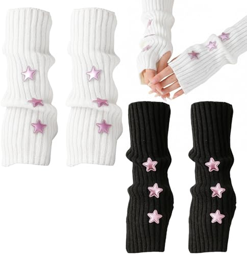 Wnzdp Arm Warmers, 2 Pairs of Star Knit Long Fingerless Gloves for Women, White and Black Wrist Warmers, Soft and Cozy Arm Warmer for Daily Use