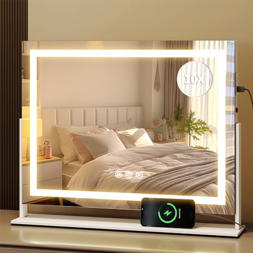 YITAHOME Beleuchteter Kosmetikspiegel mit 3 Farbtemperaturen, 62.5 x 51 cm Hollywood-Schminkspiegel mit Touch-Steuerung, 10-facher Vergrößerung & USB-Anschluss für den Schminktisch