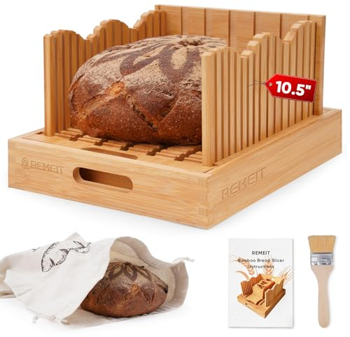 REMEIT Bread Slicer for Homemade Bread, Adjustable Large Bamboo Sourdough Bread Slicer with Slicing Guide & Crumb Tray, Bread Loaf Cutter for Sourdough, Cakes & Bagels – Baking Gift