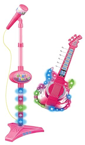 Set 2-in-1 rosa Gitarre und Mikrofon – interaktives Musikspielzeug für Kinder | Gitarre mit bunten Lichtern und Mikrofonständer | Musikinstrument für Mädchen von 3-8 Jahren, Batterien Nicht im