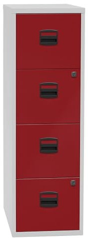 Bisley Home Hängeregistraturschrank PFA, 4 HR-Schubladen, Metall, 506 Korpus Lichtgrau, Fronten Kardinalrot, 40 x 41.3 x 132.1 cm