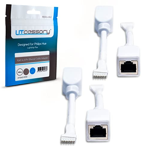 Litcessory RJ45 auf 6-Polig Ethernet-Adapter für Philips Hue Lightstrip Plus (4 Stück - Zwei Paare, Weiß - STANDARD 6-POLIG V3 / WiZ Lightstrip)
