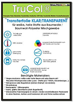 trucol 10 Blatt DIN A4 T-Shirt Transferfolie Transferpapier für weiße helle Stoffe Textilien NUR für LASERDRUCKER und Kopierer – klar transparente Bügelfolie