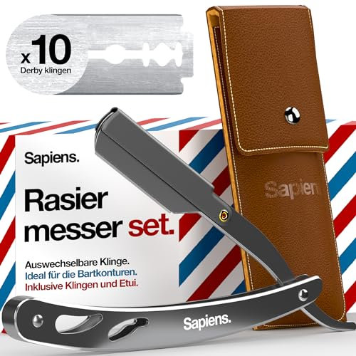 Sapiens Barbershop Rasoio a Mano Libera - Rasoio Barba Uomo + 20 Mezze Lamette Barba + Custodia da trasporto - Lama Barba per Taglia Barba - Rasoio Barbiere con Lama Intercambiabile - Straight Razor