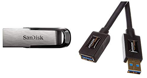 SanDisk Ultra Flair Memoria Flash USB 3.0 de 64 GB con hasta 150 MB/s de Velocidad de Lectura + Amazon Basics - Cable alargador USB 3.0 Tipo A Macho a Tipo A Hembra (1 m)