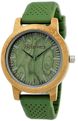 Handgefertigte Holzwerk Germany® Unisex Uhr Herren-Uhr Damen-Uhr Öko Natur Vegan Holz-Uhr Armband-Uhr Analog Klassisch Quarz-Uhr Silikon Kautschuk Armband und Holz Gehäuse Grün (Holzwerk-Grün)
