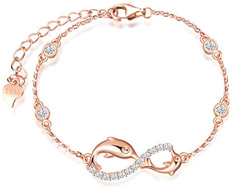 INFINIONLY Bracelet pour femme fille, ensembles de bijoux en argent 925, bracelet symbole infini et dauphin mignon, zircon incrusté, or rose, Cadeau de Noël et d'anniversaire