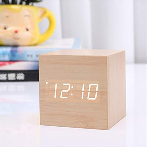 SWECOMZE LED Digital Wecker, Holz Würfel Uhr, Holzuhr Tischuhr, Wecker aus Holz, Sprachaktiviert Würfel-Digitaluhr für Schlafzimmer (Natur)