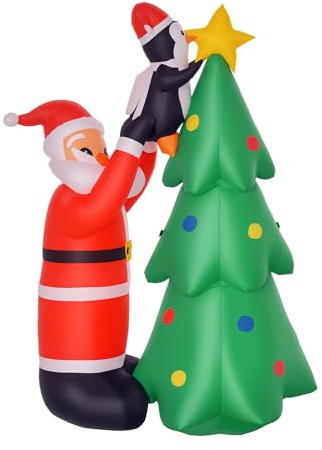 HOMCOM Babbo Natale Gonfiabile 180cm con Albero e Pinguino, Decorazione Natalizia con Luci LED e Gonfiatore per Giardino e Casa