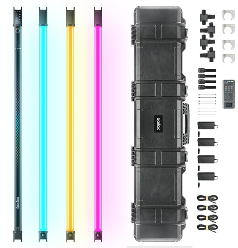 Godox TL120 RGB Tube Light 4 Packs, 2700K-6500K Rechargeable Dimmable Full Color LED Video Light Stick 4-Lights, CRI 96+, TLCI 98+ with Built-in 5200mAh Battery and APP DMX Control