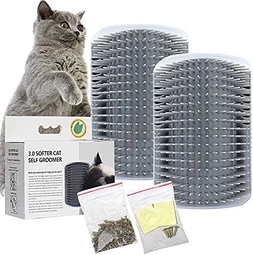 JEFFOUOO 2 Stück Katze Selbst Groomer, Grau | Massage Ecke, Bürste für Wand, mit Katzenminze and Schrauben, for Langhaar Kurzhaar Katzen