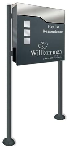 Briefkasten in anthrazit incl. Standfuß und Beschriftung - aus pulverbeschichtetem Stahl mit Zeitungsrolle und Sichtfeldern