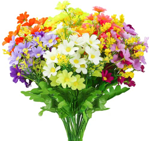 OWLKELA Artificial Silk Daisy Flowers - 6 Bundles in 6 Colors for Outdoor and Indoor, Decorative UV Resistant Faux Plastic in Vase for Graves and Garden