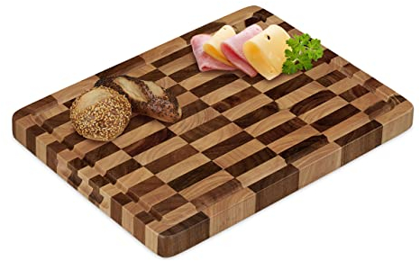 Relaxdays Schneidebrett Holz, Tranchierbrett massiv, 40x30 cm, Akazie, klingenschonend, Küchenbrett mit Saftrille, braun