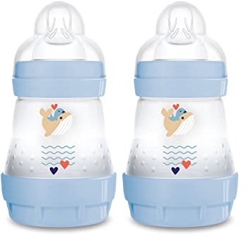 MAM Easy Start Anti-Colic Babyflasche im 2er-Set (160 ml), Milchflasche mit innovativem Bodenventil gegen Koliken, Baby Trinkflasche Sauger Größe 1, ab der Geburt, Wal, blau/Wal, 160ml (2er Pack)