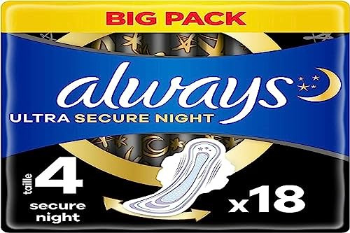 Always Ultra Serviettes Hygiéniques, Taille 4, Secure Night, 18 Serviettes Avec Ailettes, Flux Abondants Nuit, Max Confort, Super Absorbantes et Ultra Fines