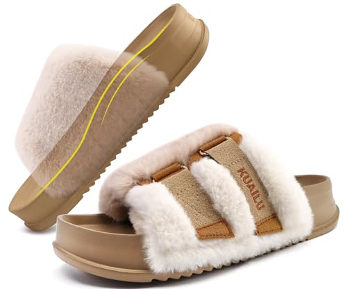 KuaiLu Womens Platform Slipper with Arch Support Soft Cushion Faux Fur Sandals Open Toe House Slipper Fluff Slides Indoor Outdoor,Beige Size 5