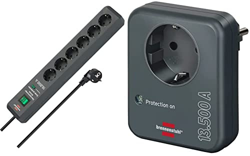 Brennenstuhl Secure-Tec Steckdosenleiste 6-Fach mit Überspannungsschutz grau & Steckdosenadapter mit Überspannungsschutz 13.500 A anthrazit