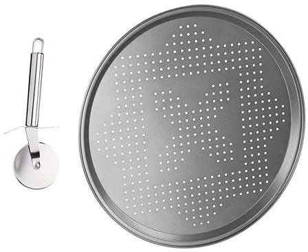 Chef Aid Pizza Cutter Wheel Stainless Steel with Finger Guard – Sharp, Non Slip Cutting Wheel, Dishwasher Safe with Hanging Loop + Chef Aid Pizza Pan Perforated 32cm Diamater Tray