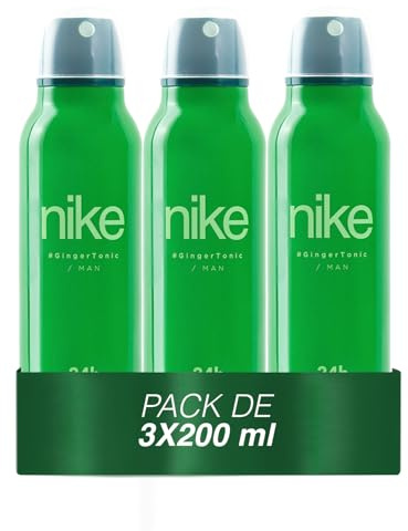 NIKE - Ginger Tonic Pack de 3 x 200 ml, Desodorante Hombre Spray, Desodorante Antimanchas para Todo Tipo de Piel, 0% Sales de Aluminio, de Larga Duración, Fragancia Cítrica y Floral