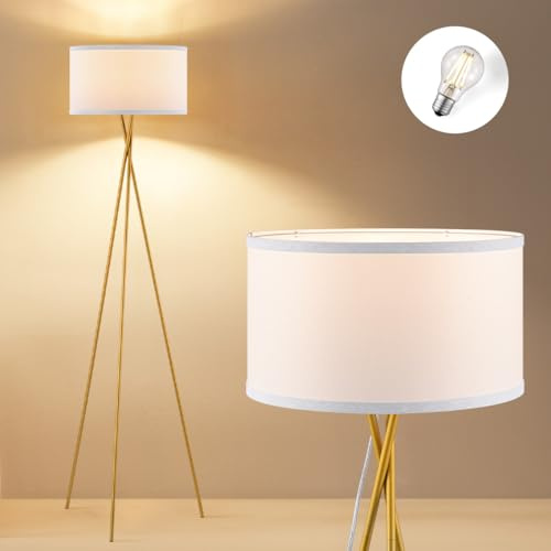 Home Sweet Home modern guld metall golvlampa | 53/53/138 cm | med E27 LED-ljuskälla 9 W 2 700 K | Golvlampa retro med trebensstativ | med vit lampskärm|för vardagsrum och sovrum
