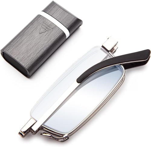 Amorays Faltbare metal Lesebrille Mini Tragbare Lesebrillen with Hartschalen-Etui Anti-Blaulicht für Damen und Herren 1166(Grau,+3.00)