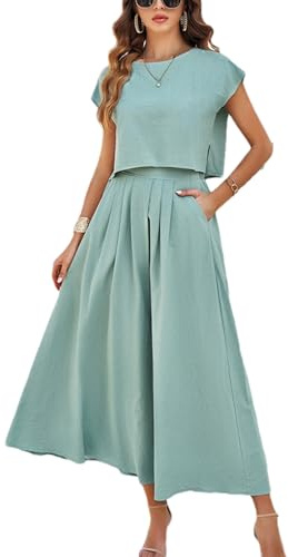 HangNiFang Summer Skirt Sets Women 2 Piece Outfits Cap Sleeve Top Elastic Waist Lightweight Maxi Dress Sets with Pockets