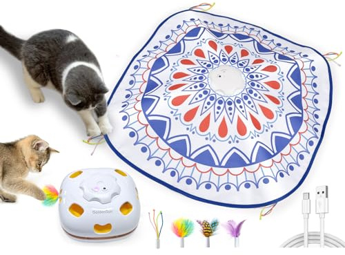 GoldenSun Katzenspielzeug, Aufladbares Interaktives 4-in-1 Katzen Zubehör im Innenbereich, Kitten Spielzeug mit Zauberstab, Schlag auf einen Maulwurf, Katzenangel mit 3 DIY-Ersatzfedern