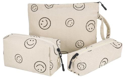 Huiguli 3 Stück Kosmetiktasche, Beige Kordsamt Niedlich Lächeln Gesicht Kosmetiktasche, Verbessertes Segeltuchmaterial Innen Make Up Tasche Tragbare, für Reisen Kinder Mädchen Damen