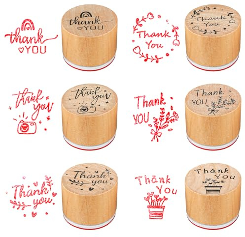 Piriuuo 6 Pcs Thank You Stamps Set, Wooden Stamps for Card Making 6 Styles Round Rubber Stamps Server Stamps Photo Album Decoration for Card Making, DIY Crafting and Scrapbooking