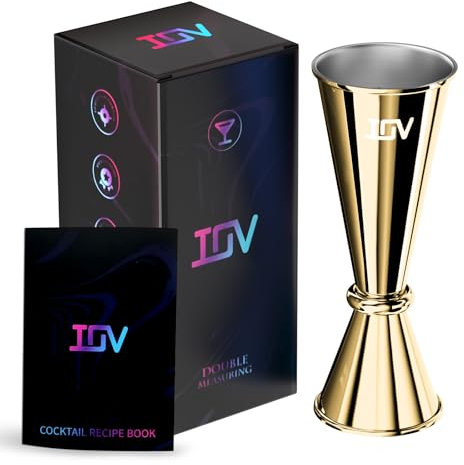 IOV Jigger for Bartending, Professional Double Cocktail Jigger with Recipes Booklet, Japanese Premium 18/8 stainless steel jigger 2 oz 1 oz with Dimensions Inside Measuring Cocktails Jigger-Gold