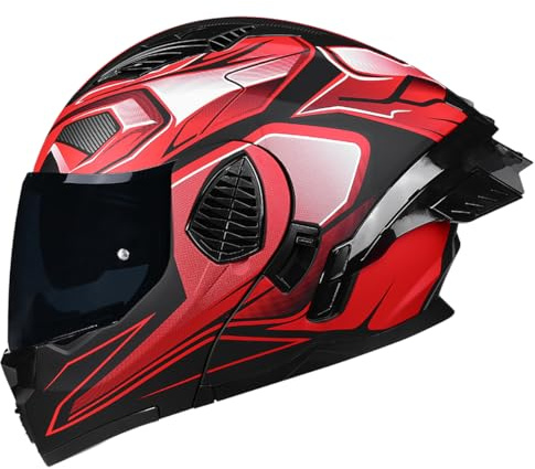 Woljay Motorrad Integral Klapphelm mit Doppelvisier integriertes Motorrad für Erwachsene Männer und Frauen Straßenrennen Moped DOT/ECE Zugelassen (Red-Smoke Visor,Medium)