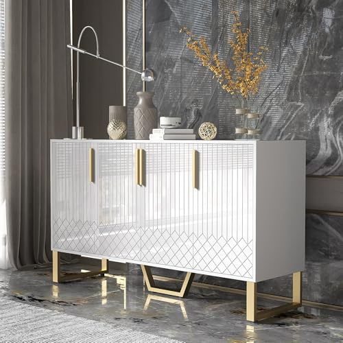 Azkoeesy Buffet 140 cm blanc brillant avec 4 portes et pieds en métal doré - Armoire de cuisine avec espace de rangement XL pour salon et cuisine