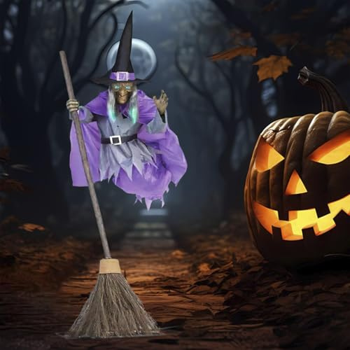 Kosinso Fliegende Hexe Auf BesenHalloween, Animatronic Halloween Figuren mit Gruseligem Sound und Lichtern für Outdoor Deko