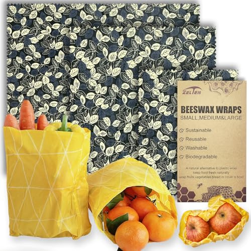 Beeswax Reusable Food Wraps - (3 Packs, 3 Sizes S,M,L) Plastic and Silicone Free, Eco-friendly Wrap, Wax Paper for Food,Leaves