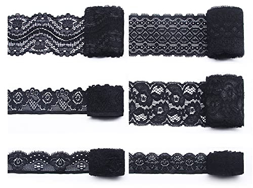 Jamsinmu Spitzenband Dekoband Spitze Zierband Spitzenstoff zum Nähen von Handwerksfeiern Dekor Kleidung, Mix Black, 6 * 2 Yards