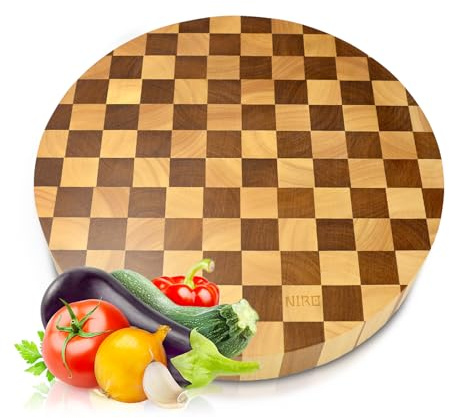 Tagliere rotondo da Cucina Professionale XXL in Legno 100% Pará Naturale Rubberwood, ALTEZZA 6 CM, Dimensioni ⌀40cm x 6 cm, Atossico, Legno Massello Pregiato, Vassoio da Portata, Design Unico