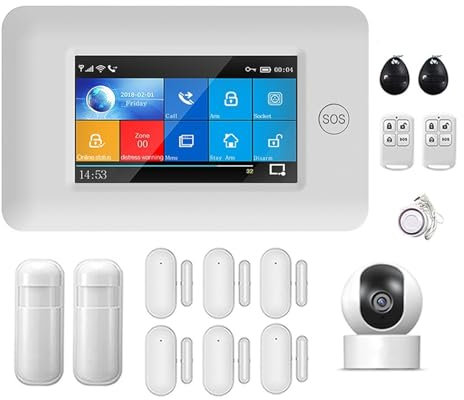 Sistema de Alarma para Casa, de alarma de seguridad for el hogar inteligente GSM inalámbrico 433mhz 4,3 pulgadas pantalla completamente táctil Detector de movimiento Sensor de puerta de humo, para el