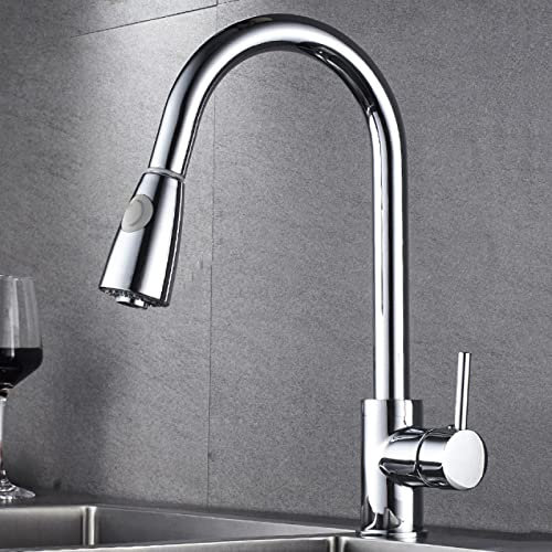 Küchenarmaturen mit herausziehbarer Brause, 360-Grad-Wasserhahn mit schwenkbarem Auslauf aus Messing, Wasserhahn für Küchenspüle mit heißem und kaltem Wasser, herausziehbarer Küchenarmatur mit einem